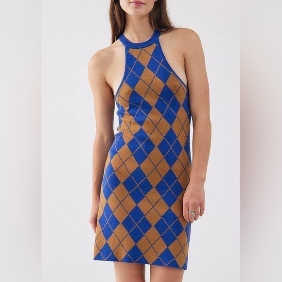 Urban Outfitters Charlie Argyle Knit Mini Dress Sz Small - Picture 1 of 7